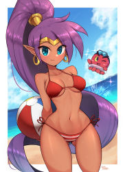 Rule 34 | 1girl, arms behind back, artist name, ball, bare shoulders, beach, beachball, bikini, blue eyes, blue sky, breasts, cloud, cloudy sky, collarbone, commentary request, dark-skinned female, dark skin, day, earrings, gluteal fold, hair ornament, high ponytail, highres, jewelry, long hair, looking at viewer, medium breasts, ocean, outdoors, pointy ears, ponytail, purple hair, shantae, shantae (series), shiny skin, side-tie bikini bottom, signature, simple background, sky, smile, striped bikini, striped clothes, swimsuit, thighs, tiara, wakaba (wata ridley), water, water drop, wet