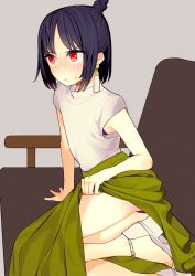 Rule 34 | 1girl, arm support, ass, black hair, blush, bra, bra peek, closed mouth, clothes lift, couch, earrings, green skirt, grey background, hair bun, high heels, jewelry, lifted by self, looking away, nose blush, omucchan (omutyuan), on couch, original, panties, parted bangs, purple bra, purple panties, red eyes, sandals, shirt, short sleeves, simple background, single hair bun, skirt, skirt lift, solo, sweat, underwear, v-shaped eyebrows, white footwear, white shirt