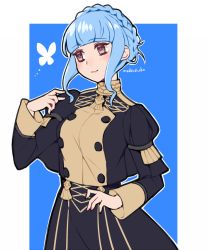 Rule 34 | 1girl, artist name, blue background, blue hair, braid, brown eyes, closed mouth, commentary, crown braid, do m kaeru, fire emblem, fire emblem: three houses, garreg mach monastery uniform, long sleeves, marianne von edmund, nintendo, simple background, smile, solo, uniform