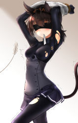 Rule 34 | 10s, 1girl, absurdres, anchor symbol, arms up, bdsm, black bodysuit, black skirt, blindfold, blush, bodysuit, bondage, bound, bound wrists, breasts, brown hair, cat tail, cat teaser, cattail, clothes writing, corset, frown, gradient background, hair between eyes, hairband, hatsuzuki (kancolle), highres, kantai collection, kemonomimi mode, miniskirt, motion lines, mouth hold, nekodayo22, plant, pleated skirt, pointy hair, ribbon, ribbon in mouth, rope, school uniform, serafuku, shirt, shirt over head, unworn shirt, skirt, small breasts, solo, tail, torn bodysuit, torn clothes, trembling, undressing, white ribbon, white shirt