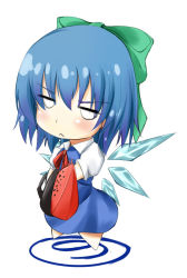 Rule 34 | &gt;:&lt;, 1girl, :&lt;, blue hair, bow, chibi, cirno, closed mouth, hair bow, hair ribbon, ice, ice wings, kaede (yumesaki kaede), looking at viewer, ribbon, short hair, simple background, solo, touhou, v-shaped eyebrows, white background, wings