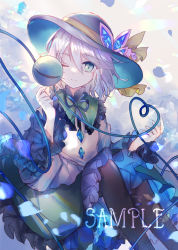 Rule 34 | 1girl, black hat, black pantyhose, blouse, blue bow, blue bowtie, bow, bowtie, bug, butterfly, closed mouth, collar, crystal, frills, green eyes, green skirt, hair between eyes, hand up, hat, hat bow, insect, jewelry, kazu (muchuukai), komeiji koishi, light, long sleeves, looking at viewer, pantyhose, petals, sample watermark, shadow, shirt, short hair, silver hair, skirt, smile, solo, third eye, touhou, watermark, wide sleeves, wings, yellow bow, yellow shirt