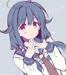Rule 34 | 1girl, 2017, ahoge, apron, artist name, blush, closed mouth, commentary request, dated, hair between eyes, hair flaps, heart, kantai collection, long hair, long sleeves, looking at viewer, low twintails, neckerchief, purple hair, red eyes, red neckerchief, rei (rei&#039;s room), school uniform, serafuku, simple background, smile, solo, taigei (kancolle), twintails, upper body, whale