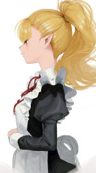 Rule 34 | 1girl, apron, black dress, blonde hair, closed mouth, collared dress, commentary, dress, expressionless, from side, highres, juliet sleeves, kn rookie, light blush, long hair, long sleeves, looking ahead, maid, maid apron, neck ribbon, original, pointy ears, ponytail, profile, puffy sleeves, red eyes, red ribbon, ribbon, solo, symbol-only commentary, upper body, white apron
