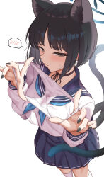 Rule 34 | 1girl, animal ears, black eyes, black hair, black nails, black sailor collar, black skirt, blue archive, blue halo, blue neckerchief, blush, cat ears, cat tail, closed mouth, collar, feet out of frame, fingernails, halo, highres, holding, holding clothes, holding panties, holding underwear, kikyou (blue archive), long sleeves, looking at viewer, nail polish, neckerchief, panties, pleated skirt, presenting, presenting removed panties, pussy juice stain, sailor collar, school uniform, serafuku, short hair, skirt, socks, solo, spoken blush, stain, stained panties, tail, two side up, underwear, white socks, yasojima nejiro