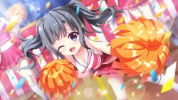 Rule 34 | 3girls, bare legs, bare shoulders, black hair, blue eyes, blurry, blurry foreground, breasts, cheerleader, cleavage, collarbone, confetti, dot nose, film grain, game cg, itsumura yukari, izumi tsubasu, leaning forward, lens flare, looking at viewer, medium breasts, medium hair, midriff, miniskirt, multiple girls, navel, non-web source, official art, one eye closed, open mouth, pom pom (cheerleading), re:stage!, red skirt, shoes, skirt, smile, sneakers, socks, solo focus, sparkle, two side up, white footwear, white socks, wooden floor