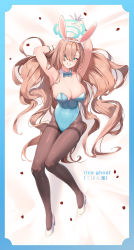 Rule 34 | 1girl, absurdres, animal ears, armpits, asuna (blue archive), asuna (bunny) (blue archive), bare shoulders, bed sheet, blue archive, blue leotard, breasts, brown pantyhose, cleavage, commentary, detached collar, fake animal ears, full body, gloves, gohan oni, hair ornament, hair over one eye, halo, high heels, highleg, highleg leotard, highres, large breasts, leotard, light brown hair, long hair, looking at viewer, lying, mole, mole on breast, on back, pantyhose, parted lips, playboy bunny, rabbit ears, shiny clothes, simple background, smile, strapless, strapless leotard, white footwear, white gloves