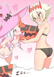 Rule 34 | 2girls, absurdres, ass, bikini, blush, breast press, breasts, butt crack, cleavage, cougar (cougar1404), dragon: marked for death, empress (dmfd), hat, heart, highres, kiss, multiple girls, navel, pink eyes, red eyes, strapless, strapless bikini, swimsuit, witch (dmfd)