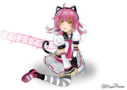 Rule 34 | 1girl, absurdres, animal ear headphones, animal ears, animal print, arm warmers, artist name, artist request, belt, black bow, black sailor collar, blunt bangs, blush, bow, bow legwear, breasts, brown eyes, cat ear headphones, cat print, cat tail, checkered clothes, checkered skirt, collarbone, crown print, dokipipo emotion, dokipipo emotion (love live!), fake animal ears, female focus, flat chest, floating hair, grey legwear, hair ornament, headphones, heart, heart (symbol), heart print, highres, looking at viewer, love live!, love live! nijigasaki high school idol club, love live! school idol festival, miniskirt, musical note, neckerchief, necktie, parted lips, pink belt, pink footwear, pink hair, pink neckerchief, pink necktie, plaid, plaid skirt, pleated, pleated skirt, puffy short sleeves, puffy sleeves, sailor collar, shirt, shoes, short hair, short sleeves, sitting, skirt, small breasts, smile, solo, star (symbol), star print, striped legwear, striped sleeves, suspenders, tail, tennoji rina, white background, white legwear, white shirt, white skirt, yellow eyes