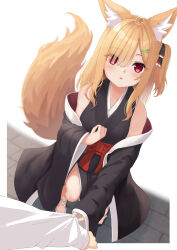 Rule 34 | 1girl, 1other, animal ear fluff, animal ears, black footwear, black kimono, black ribbon, blonde hair, clothes grab, commentary, dutch angle, fox ears, fox girl, fox tail, hair ornament, hair over one eye, hair ribbon, hairclip, hand up, highres, japanese clothes, kimono, long hair, long sleeves, looking at viewer, obi, off shoulder, one side up, open clothes, original, parted lips, red eyes, ribbon, sakuma hiragi, sash, sleeve grab, sleeveless, sleeveless kimono, solo focus, squatting, tail, white background, wide sleeves