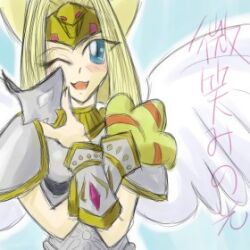 Rule 34 | armor, blue eyes, blush, claws, digimon, nefertimon, one eye closed, open mouth, personification, wings, wink