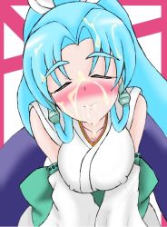 Rule 34 | 1girl, aqua hair, banpresto, bare shoulders, blue hair, blush, breasts, cleavage, closed eyes, closed mouth, covered erect nipples, cum, cum in mouth, facial, glacies, japanese clothes, kimono, long hair, ponytail, smile, super robot wars, super robot wars destiny, super robot wars original generation, tears, very long hair