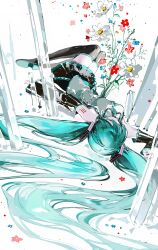 Rule 34 | 1girl, absurdres, aqua hair, aqua nails, aqua necktie, black footwear, black skirt, black sleeves, blue flower, boots, chinese commentary, closed eyes, commentary request, crystal, detached sleeves, flower, full body, grey shirt, hatsune miku, highres, long hair, lying, necktie, on back, pleated skirt, red flower, shirt, skirt, sleeveless, sleeveless shirt, solo, thigh boots, twintails, very long hair, vihua6, vocaloid, white flower