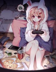 Rule 34 | 1girl, bad id, bad pixiv id, barefoot, blonde hair, blush, breasts, cat, cellphone, chips (food), cleavage, closed mouth, coca-cola, collarbone, controller, earbuds, earphones, food, game controller, hair ornament, hairclip, harin 0, hood, hoodie, indoors, long hair, looking away, medium breasts, night, original, phone, pillow, pizza, pizza box, potato chips, rabbit, red eyes, sitting, smartphone, socks, unworn socks, solo, speech bubble
