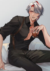 Rule 34 | 1boy, absurdres, ahoge, alcohol, alhaitham (genshin impact), black pants, black shirt, chest jewel, collarbone, collared shirt, commentary request, cup, dress shirt, drink, gem, genshin impact, grey background, grey hair, grin, hair over one eye, hand up, highres, holding, holding cup, looking at viewer, male focus, moontea bunny, multicolored hair, one eye covered, open clothes, open shirt, pants, parted bangs, pectoral cleavage, pectorals, red eyes, red gemstone, red hair, shirt, short hair, simple background, sitting, sleeves rolled up, smile, solo, streaked hair, swept bangs, teeth, tumbler glass, v-shaped eyebrows, wing collar