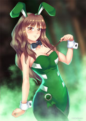 Rule 34 | 1girl, alternate costume, animal ears, artist name, bare shoulders, between breasts, black pantyhose, blush, bow, bowtie, breasts, brown eyes, brown hair, cleavage, collarbone, detached collar, fake animal ears, fog, green leotard, harry potter (series), haryudanto, hermione granger, indoors, leotard, lips, long hair, medium breasts, necktie, pantyhose, playboy bunny, rabbit ears, rabbit girl, slytherin, smile, solo, strapless, strapless leotard, wand, wizarding world, wrist cuffs