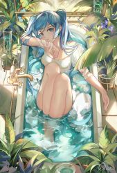 Rule 34 | 1girl, barefoot, bath, bathing, bathtub, blue eyes, blue flower, blue hair, commentary request, dress, flower, hatsune miku, highres, long hair, looking at viewer, parted lips, partially submerged, purple flower, qie, short sleeves, signature, solo, tile floor, tiles, twintails, very long hair, vocaloid, water, white dress, wide sleeves