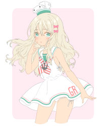 Rule 34 | 1girl, :o, anchor, bad id, bad twitter id, blonde hair, blue eyes, blush, bow, cropped legs, dress, grecale (kancolle), hair bow, hat, headgear, kantai collection, long hair, open mouth, panties, ribbon, sailor collar, sailor dress, shiosoda, side-tie panties, simple background, sleeveless, sleeveless dress, solo, striped neckwear, tan, underwear, white panties