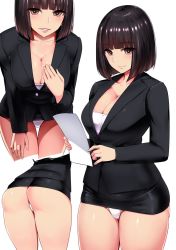 Rule 34 | 1girl, black hair, black skirt, black suit, blunt bangs, blush, bob cut, breasts, brown eyes, cleavage, cowboy shot, formal, hand on own thigh, highres, holding, holding paper, ishimiso (ishimura), large breasts, long sleeves, looking at viewer, microskirt, minidress, miniskirt, multiple views, no pants, office lady, panties, pantyshot, paper, pencil skirt, revealing clothes, short hair, simple background, skirt, skirt suit, smile, standing, suit, thighs, underwear, uniform, white background