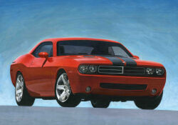 Rule 34 | ape (logo1113), blue background, car, dodge (company), dodge challenger, highres, motor vehicle, muscle car, no humans, original, painting (medium), solo, traditional media, vehicle focus