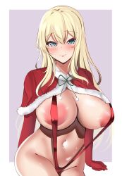 Rule 34 | 1girl, atago (kancolle), bikini, blonde hair, blue eyes, blush, border, breasts, capelet, christmas, cleavage, closed mouth, commentary request, cowboy shot, elbow gloves, fur-trimmed capelet, fur trim, gloves, grey background, hair between eyes, highres, huge breasts, kantai collection, large areolae, long hair, navel, nipples, red bikini, red capelet, red gloves, simple background, slingshot swimsuit, smile, solo, swimsuit, tf cafe, white border