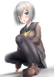 Rule 34 | 1girl, absurdres, blue eyes, blush, breasts, brown footwear, cardigan, collarbone, full body, grey jacket, hair ornament, hair over one eye, hairclip, hamakaze (kancolle), highres, jacket, kantai collection, kneeling, long sleeves, looking at viewer, medium breasts, nedia (nedia region), open mouth, pantyhose, sailor collar, short hair, silver hair, simple background, solo, white background