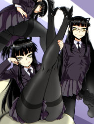 Rule 34 | 1girl, :q, animal ears, bent over, black hair, black pantyhose, black theme, blunt bangs, blush, cat ears, clone, crotch seam, feet, female protagonist (houkago play), glasses, hand on own face, high heels, houkago play, kamisimo 90, legs together, legs up, long hair, long sleeves, looking at viewer, necktie, no shoes, pantyhose, pleated skirt, school uniform, skirt, smile, solo, thighband pantyhose, tongue, tongue out, very long hair, yellow eyes