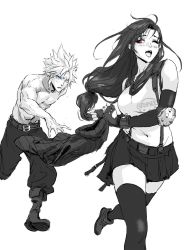 Rule 34 | 1boy, 1girl, black hair, black skirt, black thighhighs, blue eyes, blush, breasts, cloud strife, crop top, elbow gloves, final fantasy, final fantasy vii, final fantasy vii remake, fingerless gloves, gloves, greyscale, highres, long hair, low-tied long hair, midriff, monochrome, navel, open mouth, skirt, spiked hair, spykeee, square enix, suspender skirt, suspenders, tank top, thighhighs, tifa lockhart, topless male