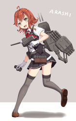 Rule 34 | 10s, 1girl, ahoge, arashi (kancolle), bad id, bad pixiv id, between fingers, black thighhighs, blouse, cannon, character name, cnm, collared shirt, depth charge, from behind, full body, gloves, holding, kantai collection, loafers, looking back, machinery, messy hair, pleated skirt, red hair, school uniform, shirt, shoes, skirt, solo, thighhighs, vest, white gloves, yellow eyes