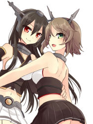 Rule 34 | 10s, 2girls, ass, black hair, breasts, brown hair, green eyes, hairband, kantai collection, looking at viewer, midriff, multiple girls, mutsu (kancolle), nagasioo, nagato (kancolle), navel, open mouth, red eyes, smile