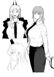 Rule 34 | 1boy, 1girl, black jacket, black necktie, braid, braided ponytail, breasts, chainsaw man, collared shirt, cross-shaped pupils, fangs, fujou joshi, grey hair, greyscale, hair between eyes, highres, holding, holding leash, horns, jacket, jewelry, large breasts, leash, long hair, looking at viewer, looking to the side, makima (chainsaw man), medium hair, monochrome, necktie, open mouth, power (chainsaw man), ring, shirt, shirt tucked in, sidelocks, simple background, symbol-shaped pupils, white background, white shirt