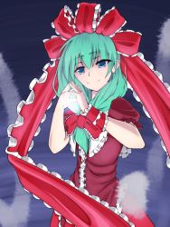 Rule 34 | 1girl, adapted costume, aqua hair, arm ribbon, blue eyes, bow, dress, extrawine, female focus, fingers together, front ponytail, hair bow, hair ornament, hair ribbon, highres, kagiyama hina, light, long hair, looking at viewer, own hands together, red dress, ribbon, smile, solo, touhou
