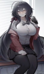 Rule 34 | 1girl, :q, absurdres, ahoge, azur lane, black bow, black bowtie, black hair, black pantyhose, black skirt, window blinds, bow, bowtie, breasts, button gap, cellphone, classroom, collared shirt, crossed bangs, desk, feet out of frame, hair between eyes, hair ribbon, hand up, highres, holding, holding phone, huge ahoge, indoors, jacket, large breasts, long hair, looking at viewer, off shoulder, official alternate costume, on desk, pantyhose, phone, pleated skirt, red jacket, red ribbon, ribbon, school uniform, shibuya (kurokamishain), shirt, shirt tucked in, sitting, on desk, skirt, smartphone, solo, taihou (azur lane), taihou (sweet time after school) (azur lane), taut clothes, taut shirt, thighs, tongue, tongue out, twitter username, very long hair, white shirt