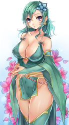 Rule 34 | 1990s (style), 1girl, blue eyes, breasts, bridal gauntlets, cleavage, collarbone, detached sleeves, earrings, final fantasy, final fantasy iv, flower, green hair, green thighhighs, groin, hair ornament, jewelry, large breasts, long hair, looking at viewer, no panties, aged up, parted lips, pelvic curtain, petals, retro artstyle, rydia (ff4), solo, thighhighs, tomoeda (ultimate fools)