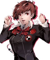 Rule 34 | 1girl, arms up, blouse, bow, breasts, brown hair, collared shirt, fingernails, gekkoukan high school uniform, hair ornament, headphones, highres, looking at viewer, medium breasts, open mouth, persona, persona 3, pertex 777, red bow, red eyes, school uniform, shadow, shiomi kotone, shirt, simple background, smile, solo, thick eyelashes, upper body, white background, wire