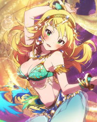 Rule 34 | 10s, 1girl, ahoge, armlet, artist request, blonde hair, blush, bracelet, breasts, cleavage, dancer, dancing, earrings, green eyes, harem outfit, harem pants, headband, hoshii miki, idolmaster, idolmaster (classic), idolmaster million live!, jewelry, long hair, looking at viewer, lots of jewelry, navel, necklace, official art, pants