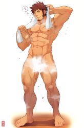 Rule 34 | 1boy, abs, bad id, bad twitter id, bara, blue eyes, brown hair, convenient censoring, cross scar, facial hair, fate/grand order, fate (series), goatee, hidora art, highres, large pectorals, long sideburns, male focus, muscular, muscular male, napoleon bonaparte (fate), navel, nipples, nude, one eye closed, pectorals, scar, scar on chest, short hair, sideburns, smile, solo, thick thighs, thighs, towel, towel around neck