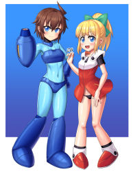Rule 34 | 2girls, :d, ahoge, ankle boots, arm cannon, armored boots, artist name, bikini, black panties, blonde hair, blue background, blue bikini, blue bodysuit, blue eyes, blue flower, blush, bodysuit, boots, breasts, brown hair, closed mouth, collarbone, commentary request, covered collarbone, covered navel, dress, els (ljhlee12), flower, full body, genderswap, genderswap (mtf), green ribbon, hair between eyes, hair ribbon, hand on own hip, hand up, long hair, looking at viewer, mega man (character), mega man (classic), mega man (series), multiple girls, no headwear, open mouth, panties, ponytail, red dress, red footwear, ribbon, roll (mega man), short hair, short sleeves, sidelocks, simple background, small breasts, smile, standing, strapless, swimsuit, tube top, underwear, weapon
