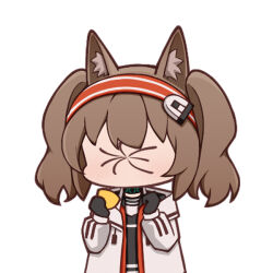 Rule 34 | 1girl, angelina (arknights), animal ear fluff, animal ears, arknights, black gloves, black shirt, blush, brown hair, food, fruit, gloves, hairband, hands up, holding, holding food, jacket, lemon, long sleeves, lxjun 09, meme, open clothes, open jacket, puffy long sleeves, puffy sleeves, red hairband, shirt, simple background, solo, sour (taste), striped clothes, striped hairband, thour (meme), twintails, upper body, white background, white jacket