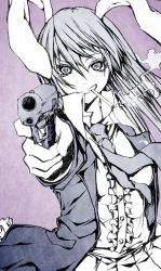 Rule 34 | 1girl, aiming, aiming at viewer, animal ears, bad id, bad twitter id, cigarette, grin, gun, jacket, kenzaki raki, long hair, looking at viewer, monochrome, necktie, purple background, rabbit ears, reisen udongein inaba, shirt, simple background, skirt, smile, smirk, smoke, smoking, solo, spot color, touhou, upper body, vest, weapon