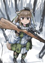 Rule 34 | 1girl, absurdres, animal ears, boots, brown eyes, brown hair, fox ears, fox girl, fox girl (yihan1949), fox tail, gun, highres, holding, holding weapon, military uniform, original, rifle, scope, smile, sniper rifle, snow, solo, tail, tree, uniform, weapon, winter, yihan1949
