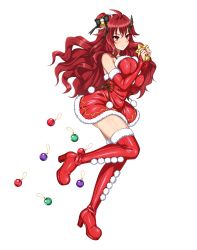 Rule 34 | 1girl, bare shoulders, blush, boots, breasts, bridal gauntlets, christmas ornaments, cle masahiro, frown, full body, fur trim, hair ornament, high heels, highres, kisaragi setsuna, large breasts, long hair, official art, red eyes, red footwear, red hair, red thighhighs, santa costume, solo, thigh boots, thighhighs, transparent background, valkyrie drive, valkyrie drive -siren-