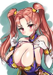 Rule 34 | 1girl, arms behind head, blush, breasts, brown hair, cleavage, divine bustier (dq), dragon quest, dragon quest viii, highres, jessica albert, large breasts, looking at viewer, red eyes, solo, twintails, upper body