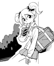 Rule 34 | 1girl, against wall, bag, bush, cardigan, collared shirt, cup, disposable cup, drinking, drinking straw, hair between eyes, holding, holding cup, laika (sunafuki tabito), lightning bolt symbol, long sleeves, looking at viewer, looking to the side, monochrome, original, school bag, school uniform, scrunchie, shirt, shoulder bag, sketch, skirt, solo, sunafuki tabito, twintails