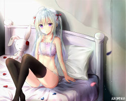 Rule 34 | 1girl, ahoge, artist name, black thighhighs, blurry, blush, bra, breasts, collarbone, depth of field, frills, hair between eyes, hair ribbon, highres, indoors, kayakooooo, long hair, looking at viewer, on bed, original, parted lips, petals, pillow, pink ribbon, purple bra, purple eyes, ribbon, see-through, sidelocks, signature, silver hair, sitting, small breasts, solo, stuffed animal, stuffed rabbit, stuffed toy, thighhighs, two side up, underwear
