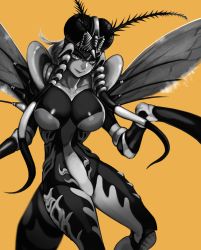 Rule 34 | 1girl, antennae, arthropod girl, blurry, breasts, compound eyes, greyscale, greyscale with colored background, insect wings, large breasts, monochrome, monster girl, mosquito girl, mosquito musume, one-punch man, orange background, pagong, smile, solo, wings
