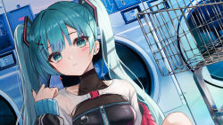 Rule 34 | 1girl, mismatched earrings, bad id, bad pixiv id, black nails, blue eyes, blue hair, closed mouth, collarbone, cross, cross earrings, dutch angle, earrings, frown, hair ornament, hatsune miku, jewelry, long hair, long sleeves, looking at viewer, nail polish, remu (cxnd5724), sleeves past wrists, solo, turtleneck, twintails, vocaloid, washing machine, x hair ornament
