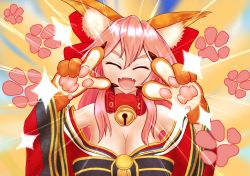 Rule 34 | 1girl, absurdres, alternate costume, animal ear fluff, animal ears, animal hands, auglish, bare shoulders, bell, breasts, cat paws, cleavage, closed eyes, collar, commentary, commentary request, double v, emotional engine - full drive, fangs, fate/grand order, fate (series), fox ears, fox girl, gloves, hair ribbon, hands up, highres, huge filesize, jingle bell, large breasts, looking at viewer, neck bell, off shoulder, open mouth, parody, paw gloves, pink hair, red ribbon, ribbon, solo, sparkle, tamamo (fate), tamamo cat (fate), tamamo cat (first ascension) (fate), v, v over eye, yellow background