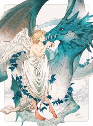 Rule 34 | 1girl, affectionate, ancient greek clothes, bare shoulders, barefoot, blonde hair, blue theme, breasts, chinese zodiac, cleavage, closed eyes, collarbone, dated, dragon, dragon wings, feathered wings, greco-roman clothes, hand up, highres, kiss, kissing cheek, kuroimori, orange eyes, original, outside border, outstretched arm, plant, plantar flexion, robe, short hair, signature, skirt hold, sleeveless, small breasts, standing, standing on one leg, vines, western dragon, white robe, white wings, wings, year of the dragon