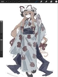 Rule 34 | :o, alternate costume, art program in frame, black footwear, blue kimono, blush, blush stickers, bow, facing viewer, floral print, full body, grey background, hair between eyes, hair bow, hand fan, hand up, hat, hat ribbon, highres, holding, holding fan, japanese clothes, kimono, long hair, looking away, looking to the side, mob cap, multiple hair bows, muted color, obi, open mouth, procreate (medium), procreate (software), raised eyebrows, red bow, red ribbon, ribbon, sash, shindiyue, shoes, sidelocks, simple background, sketch, touhou, very long hair, white background, yakumo yukari